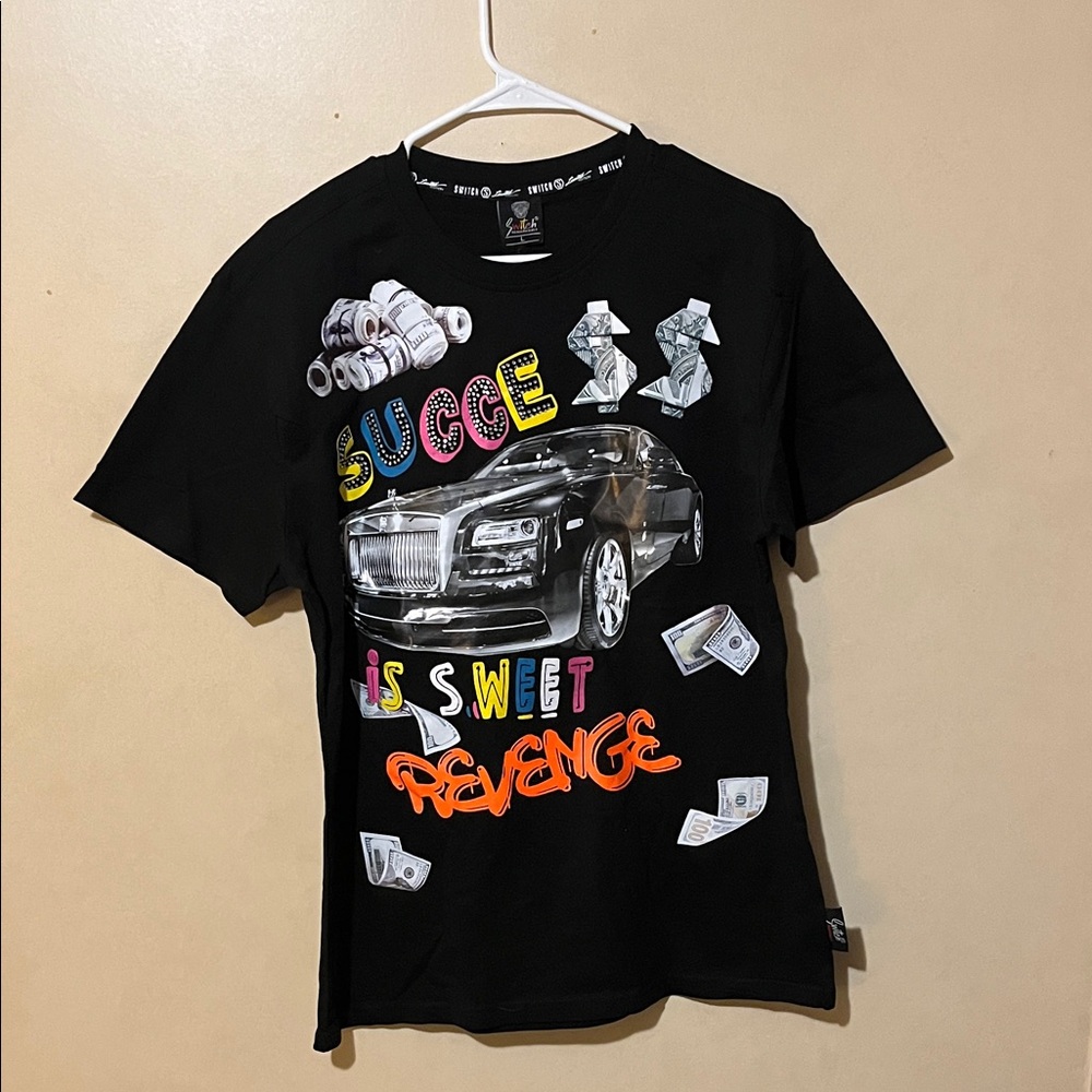 Black Graphic Tee with Car and Money Design